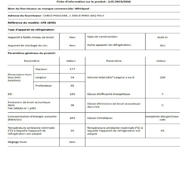 Congélateur Intégrable WHIRLPOOL AFB18401 209L remise en ligne 3