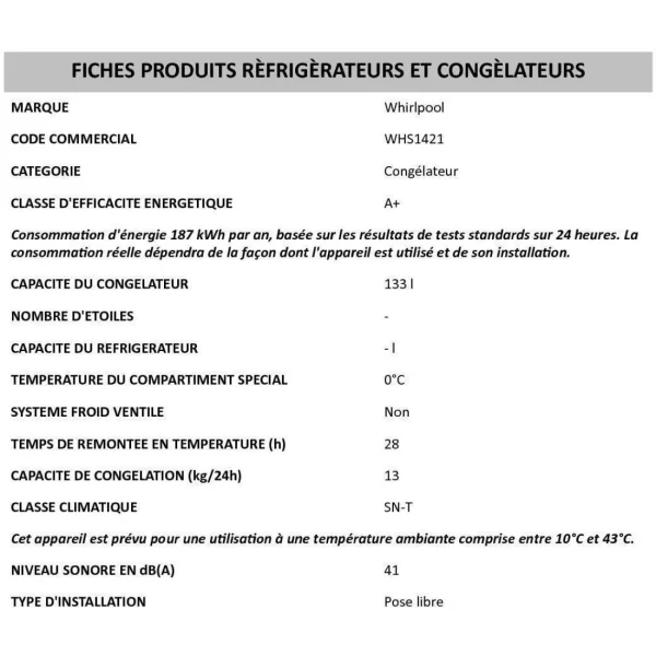 vente luxe pas cher Congélateur Coffre 58cm 132l – Whs1421 – WHIRLPOOL 3