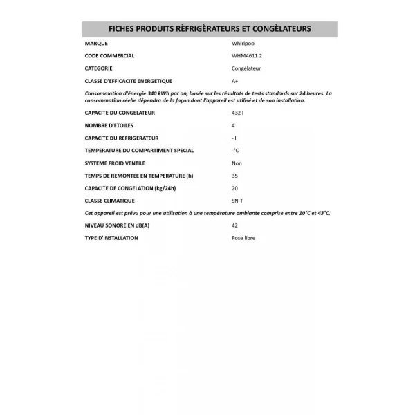 site soldes WHIRLPOOL WHM46111 – Congélateur Coffre – 432L – Froid Statique – A+ … 5